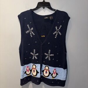 VTG Holiday Sweater Vest‎ Navy Penguins Snowflakes Beads Embroidered Women's XL